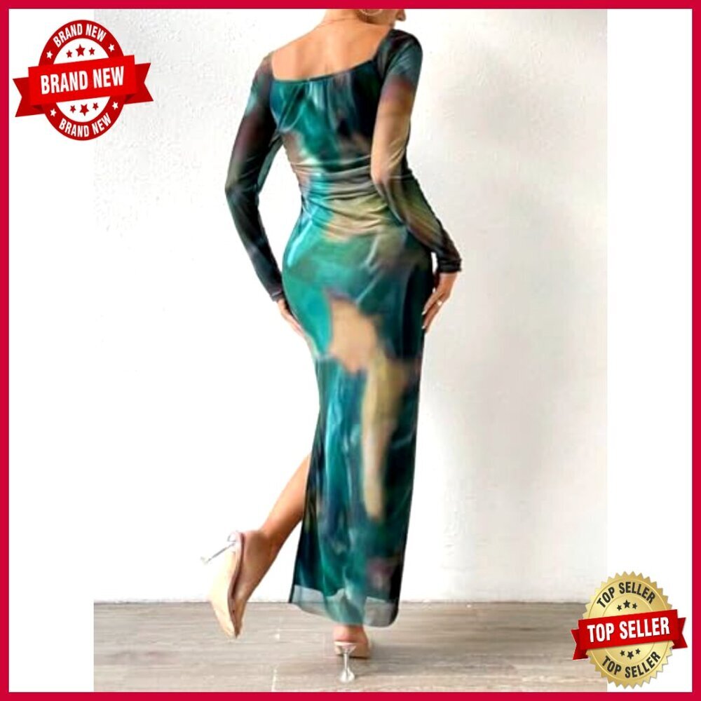 Off Shoulder Maxi Dress Long Sleeve Bodycon Ruched Mesh Elegant Formal - Picture 2 of 7